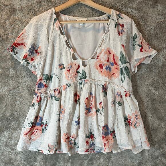 Lucky Brand Floral Flutter Sleeve Babydoll Flowy Top Blouse S Small - Picture 3 of 10